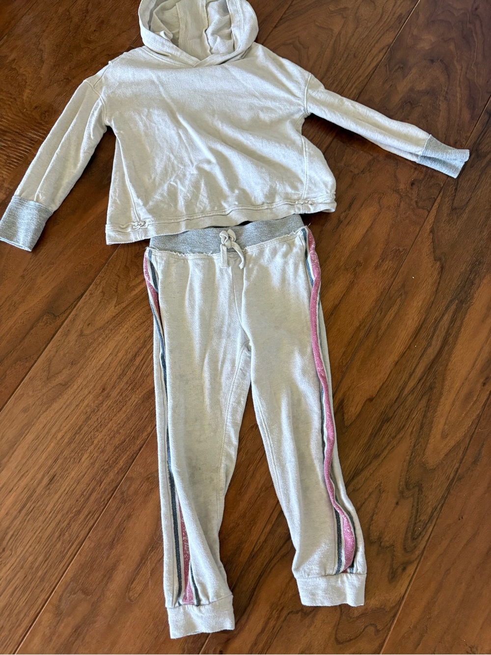 Splendid Light Gray Hooded Sweatshirt and Jogger Set with Pink Trim